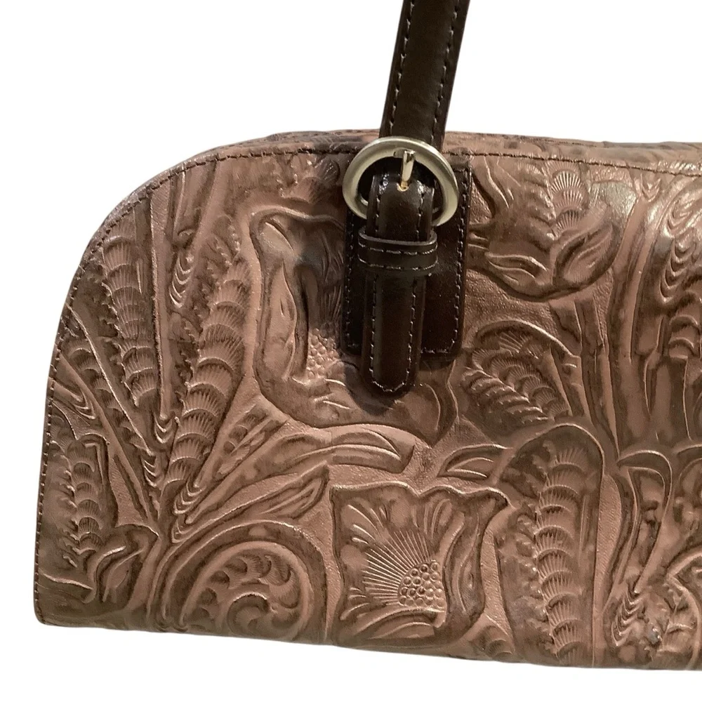 Valerie Stevens Vtg Genuine Leather Tooling Around Brown Embossed Handbag Rare - Picture 2 of 12